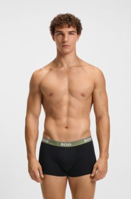 Three-pack of logo-waistband trunks in stretch cotton, Black / Green