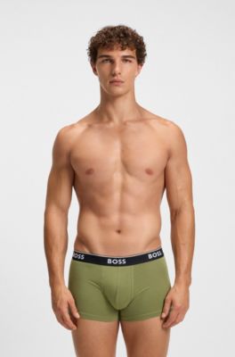Three-pack of logo-waistband trunks in stretch cotton, Black / Green