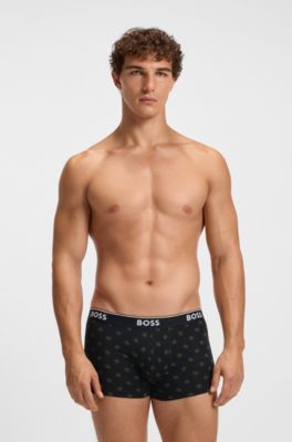 Three-pack of logo-waistband trunks in stretch cotton, Black / Green