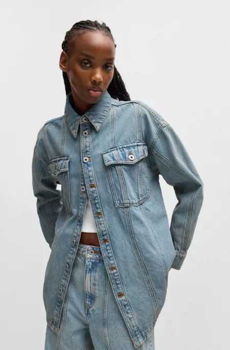 Long-length blue-denim shirt with patch pockets