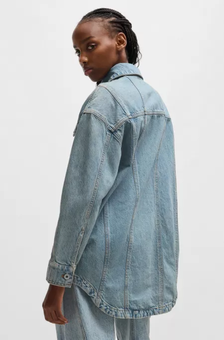 Long-length blue-denim shirt with patch pockets