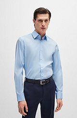 Regular-fit shirt in easy-iron stretch-cotton poplin, Light Blue