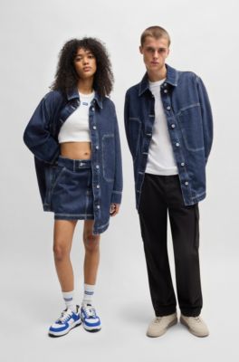 Oversized-fit denim jack met contraststiksels, Donkerblauw