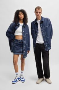 Oversized-fit denim jack met contraststiksels, Donkerblauw