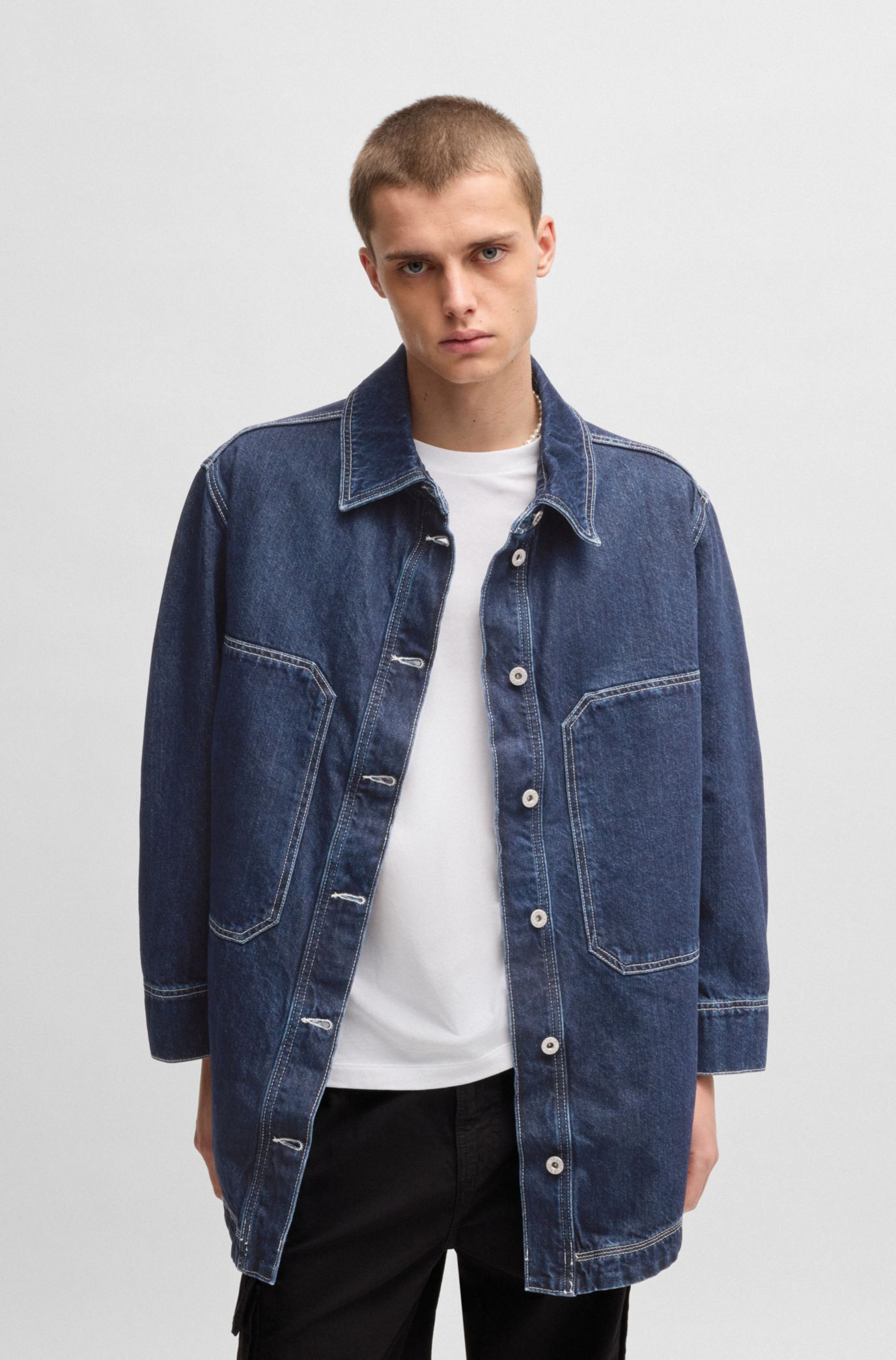 Oversized-fit denim jacket with contrast stitching, Dark Blue