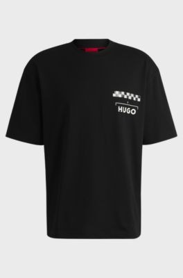 Cotton-jersey T-shirt with racing prints, Black