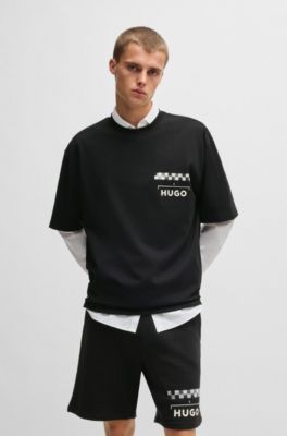 Cotton-jersey T-shirt with racing prints, Black