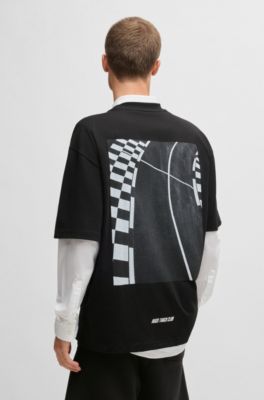 Cotton-jersey T-shirt with racing prints, Black
