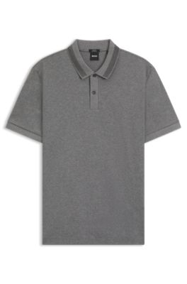 Mercerised-cotton slim-fit polo shirt with collar stripe, Grey