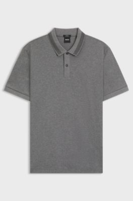 Mercerised-cotton slim-fit polo shirt with collar stripe, Grey