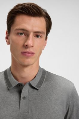 Mercerised-cotton slim-fit polo shirt with collar stripe, Grey