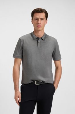 Mercerised-cotton slim-fit polo shirt with collar stripe, Grey