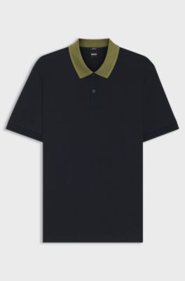 Polo Slim en coton merceris&eacute; avec col &agrave; rayures, Bleu fonc&eacute;