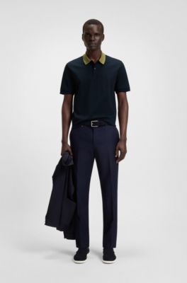 Mercerised-cotton slim-fit polo shirt with collar stripe, Dark Blue