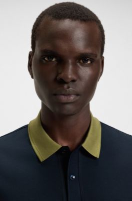Mercerised-cotton slim-fit polo shirt with collar stripe, Dark Blue