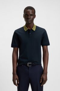 Slim-Fit Poloshirt aus merzerisierter Baumwolle mit Streifen am Kragen, Dunkelblau