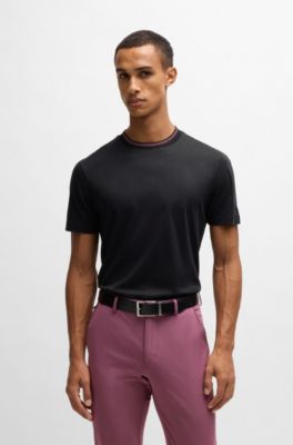 T-shirt slim fit in cotone mercerizzato con riga sul colletto, Nero