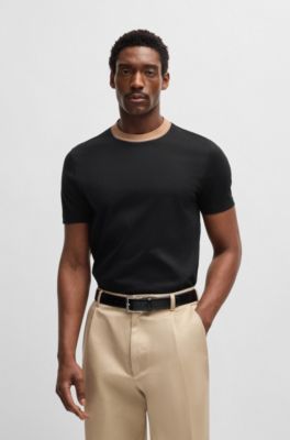 Slim-fit T-shirt in mercerised cotton with collar detail, Black