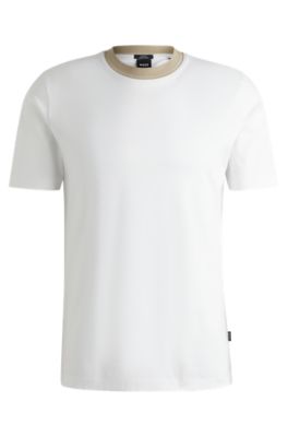 Tシャツ・カットソー BOSS Men T-shirt White 1 50531793 100 BOSS - Mercerised-cotton slim-fit T-shirt with collar stripe