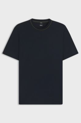 Slim-fit T-shirt in mercerised cotton with collar detail, Dark Blue
