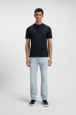 Slim-fit T-shirt in mercerised cotton with collar detail, Dark Blue