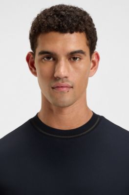 Slim-fit T-shirt in mercerised cotton with collar detail, Dark Blue