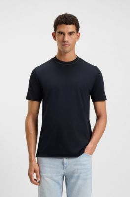 Slim-fit T-shirt in mercerised cotton with collar detail, Dark Blue