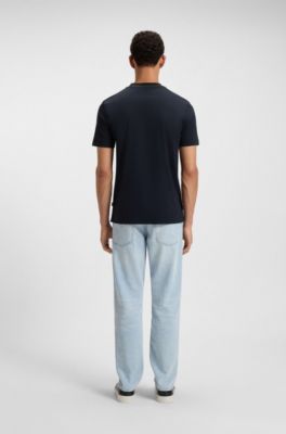 Slim-fit T-shirt in mercerised cotton with collar detail, Dark Blue