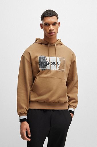 Cotton-terry hoodie with signature artwork, Beige