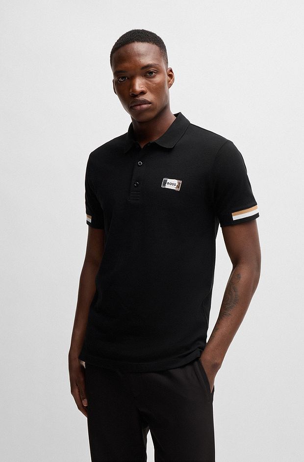 Mercerised-cotton polo shirt with signature stripes, Black