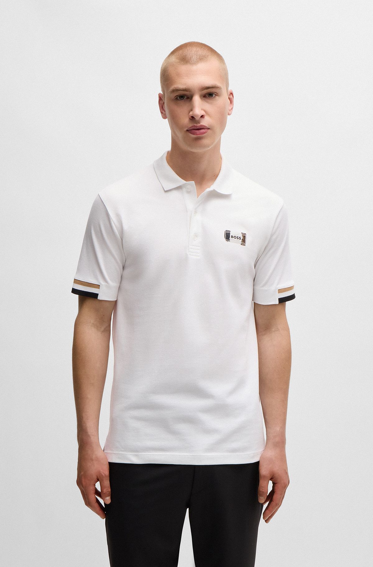Mercerised-cotton polo shirt with signature stripes, White