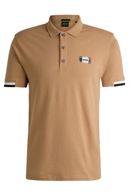 Mercerised-cotton polo shirt with signature stripes, Beige