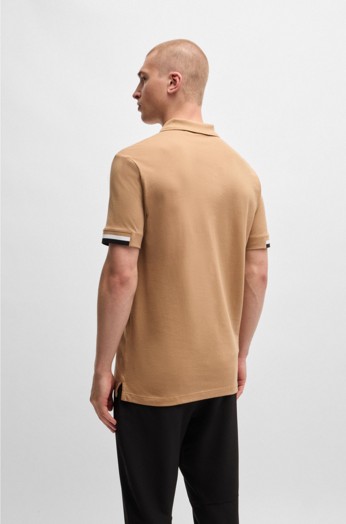 Mercerised-cotton polo shirt with signature stripes, Beige