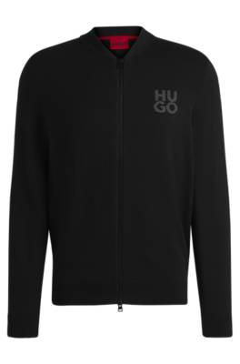 Hugo Zip-up Cardigan In Cotton With Stacked Logo In Black