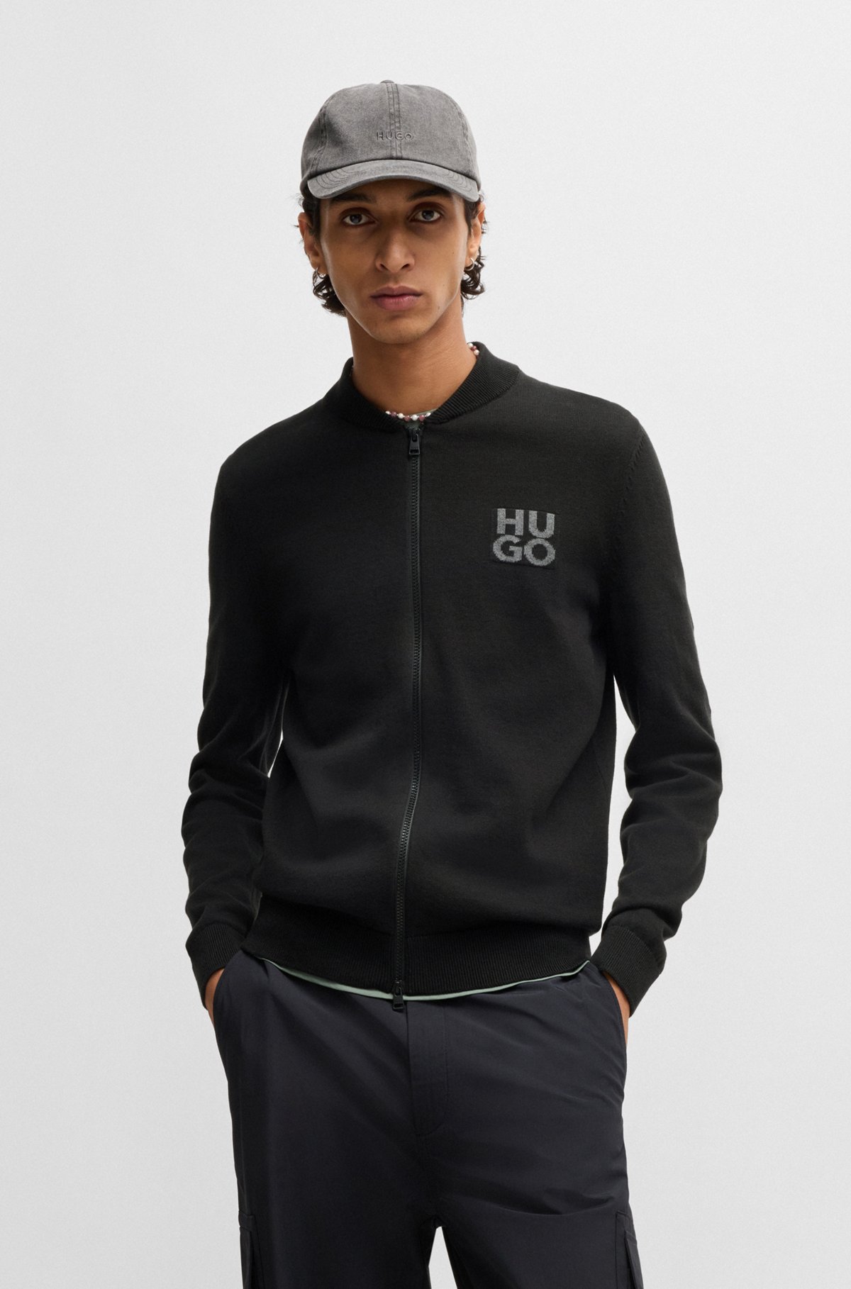 HUGO - Zip-up cardigan in cotton with stacked logo - Black HUGO - Zip-up cardigan in cotton with stacked logo - Black