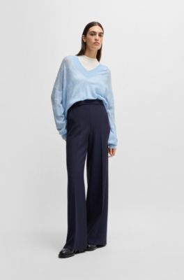Wide-leg trousers with button waistband, Dark Blue