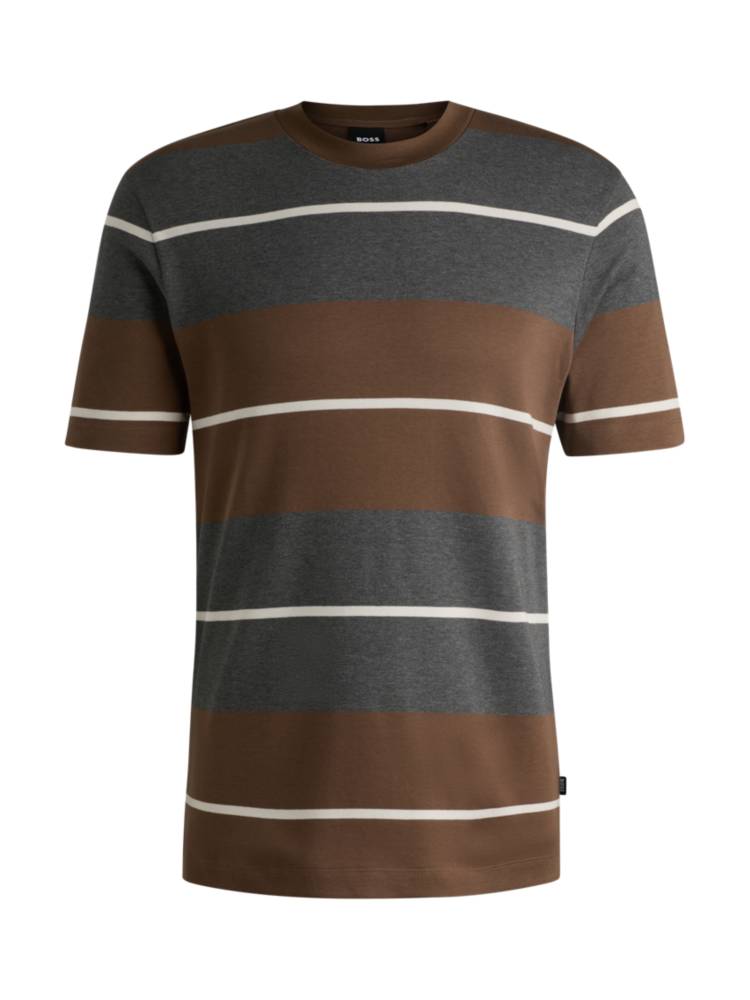 Artikel klicken und genauer betrachten! - Gerade geschnittenes BOSS T-Shirt. Das legere Top mit Querstreifen ist aus einem Baumwoll-Mix mit Ponte-di-Roma-Baumwolle gefertigt. | im Online Shop kaufen