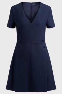 V-neck bodycon business dress with tone-on-tone buttons, Dark Blue