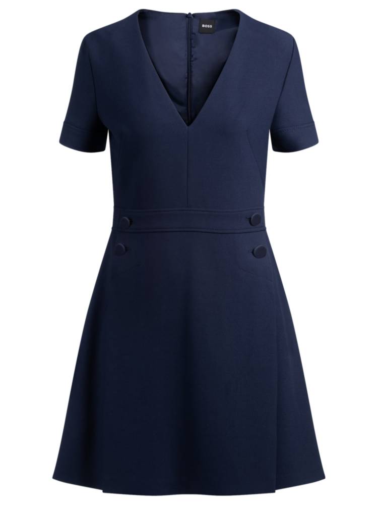 Artikel klicken und genauer betrachten! - Ton-in-Ton Knöpfe prägen die taillierte Form des figurbetonten BOSS Womenswear Business-Kleids. Tiefer V-Ausschnitt, komfortables Stretch-Material, zwei Falten am Rockteil. Dieses Produkt wird mit Zellulosefasern gefertigt, die aus dem natürlichen Rohstoff Holz aus nachhaltiger bewirtschafteten Wäldern gewonnen werden. Gemeinsam mit externen Organisationen setzen wir uns für den respektvollen Umgang mit Urwäldern und gefährdeten Wäldern ein. | im Online Shop kaufen