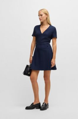V-neck bodycon business dress with tone-on-tone buttons, Dark Blue