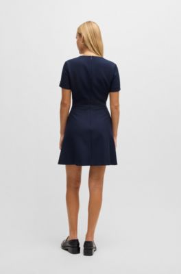 V-neck bodycon business dress with tone-on-tone buttons, Dark Blue