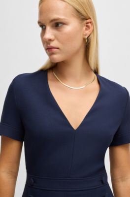 V-neck bodycon business dress with tone-on-tone buttons, Dark Blue