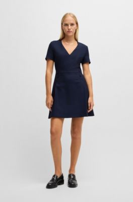 V-neck bodycon business dress with tone-on-tone buttons, Dark Blue