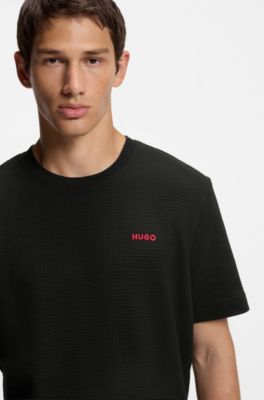 Waffle-structured pyjama T-shirt with embroidered logo, Black