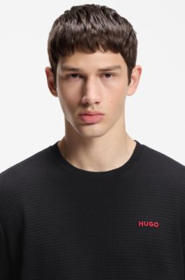 Waffle-structured pyjama T-shirt with embroidered logo, Black