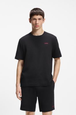 Waffle-structured pyjama T-shirt with embroidered logo, Black
