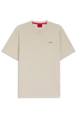 Pyjamas-T-shirt med v&aring;ffelstruktur och broderad logga, Ljusbeige
