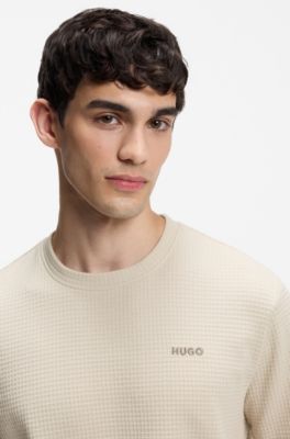 Pyjamas-T-shirt med v&aring;ffelstruktur och broderad logga, Ljusbeige