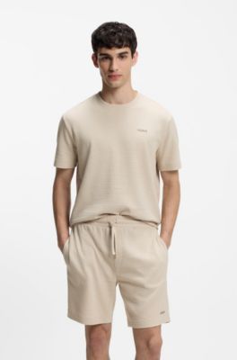 Pyjamas-T-shirt med v&aring;ffelstruktur och broderad logga, Ljusbeige