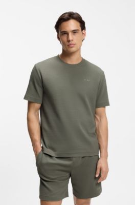 Waffle-structured pyjama T-shirt with embroidered logo, Dark Green